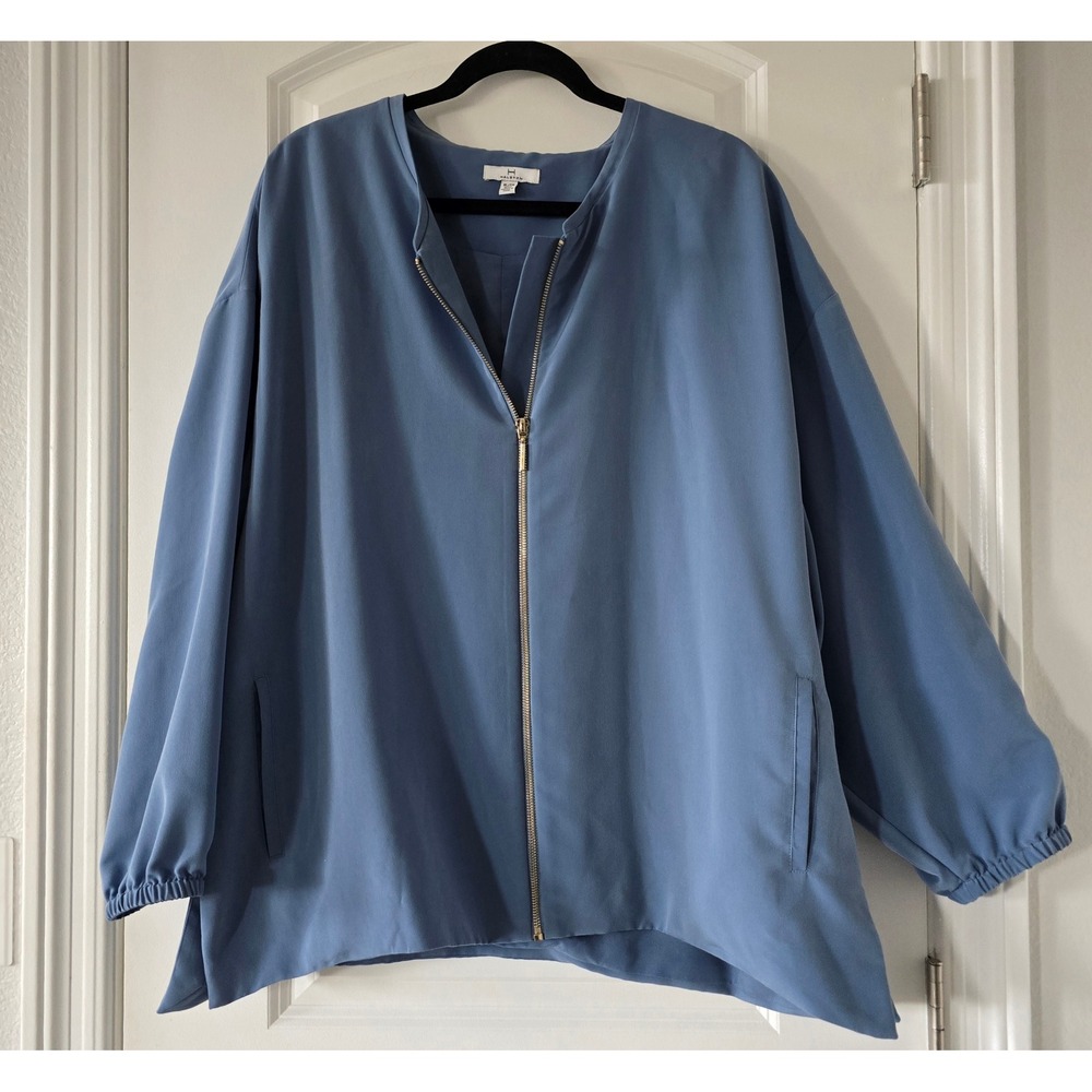 H by Halston Women Blue Zip Front Oversized‎ Blouse Jacket XL Pockets